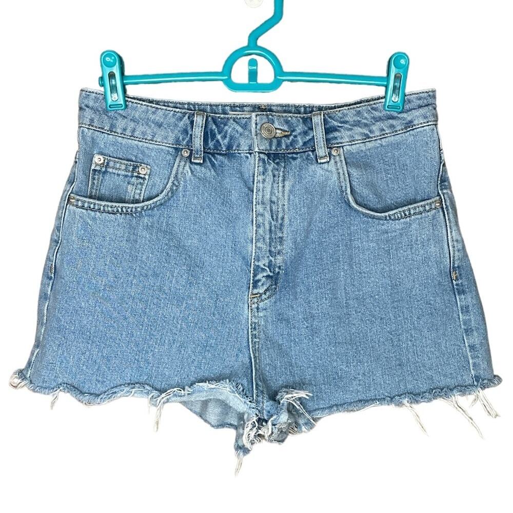 Topshop Moto Mom Blue Jean Shorts High Waist Cut Off Hem Size 6